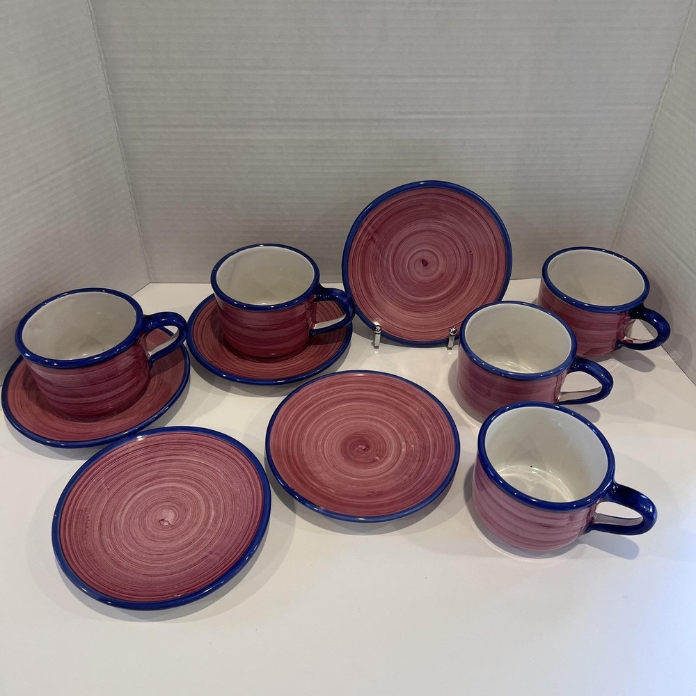 Vietri Rainbow Cranberry Hand-Painted Ceramic Tea Coffee Cup Saucer Set of 10